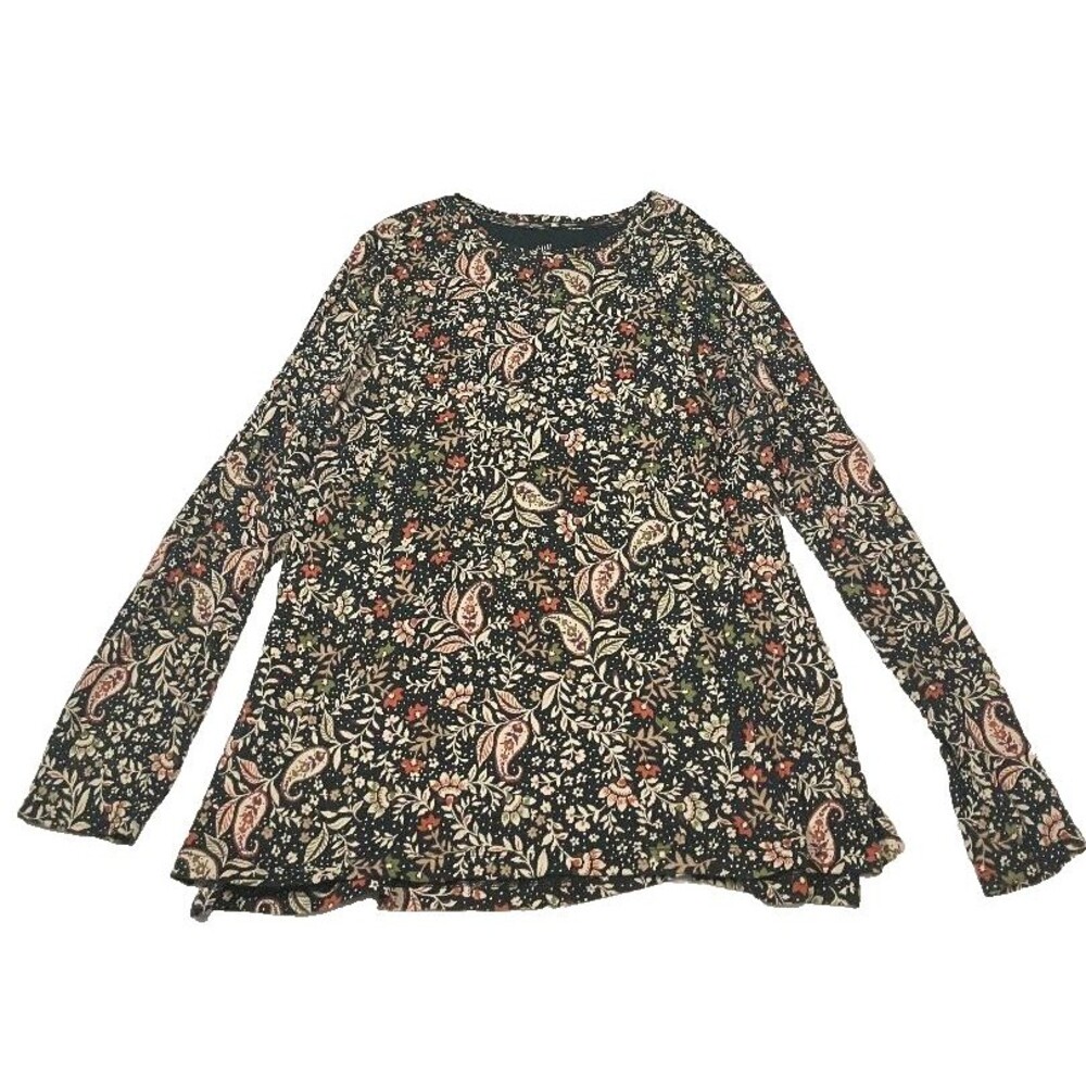 J. Jill Pima Cotton Crew Neck High-Low Long Sleeve Floral Paisley Tee Size L - Picture 2 of 8